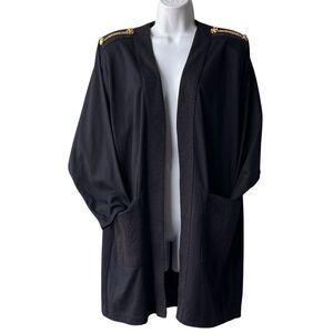 VTG 80s RAFAEL Duster Cardigan Women’s L Chain Shoulder Open Front Jacket Black